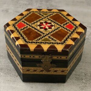Vintage Marquetry Wood Inlay Covered Hexagon Jewelry Box Mirror Hinged Lined